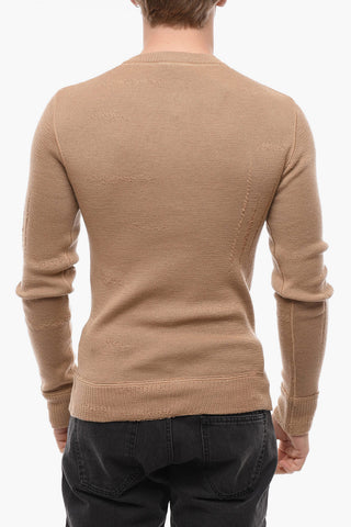 Crew Neck Distressed Virgin Wool Sweater with Buttoned Neck