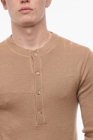 Crew Neck Distressed Virgin Wool Sweater with Buttoned Neck