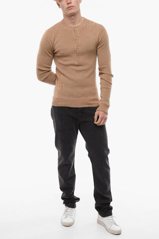 Crew Neck Distressed Virgin Wool Sweater with Buttoned Neck