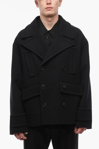 Double-breasted Twill Wool Blend Coat with 4 Pockets