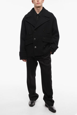 Double-breasted Twill Wool Blend Coat with 4 Pockets