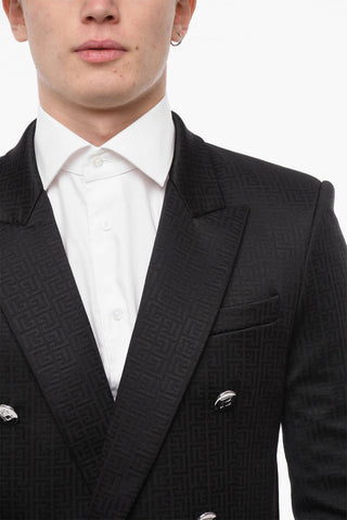 Double-breasted Jacquard Blazer with Logoed Buttons