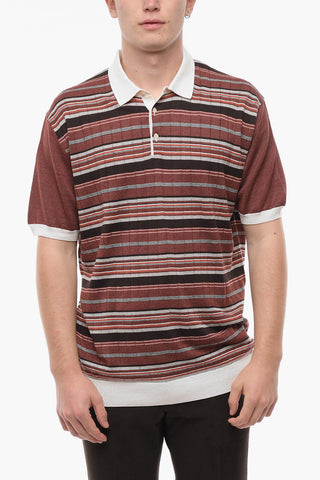 PURE KNITWEAR Silk Blend Polo Shirt with Unbalanced Stripe Pattern