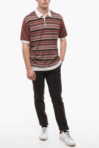 PURE KNITWEAR Silk Blend Polo Shirt with Unbalanced Stripe Pattern