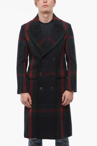 Tartan Motif Double-breasted Wool Coat