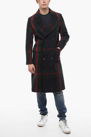 Tartan Motif Double-breasted Wool Coat