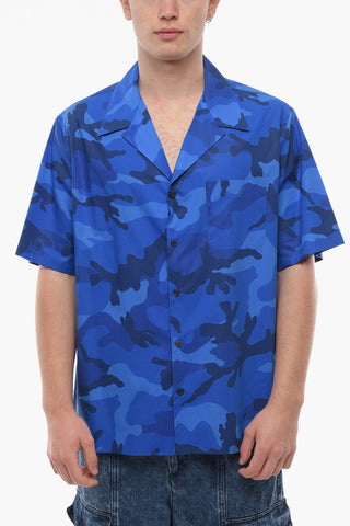 Camp Collar Cotton Shirt with Camouflage Motif