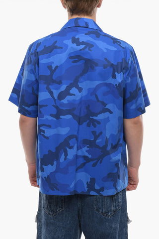 Camp Collar Cotton Shirt with Camouflage Motif