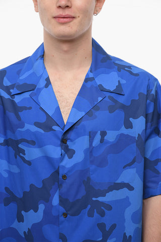 Camp Collar Cotton Shirt with Camouflage Motif