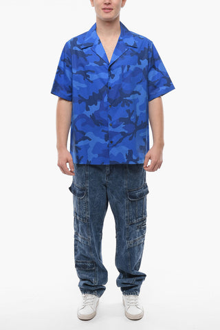 Camp Collar Cotton Shirt with Camouflage Motif