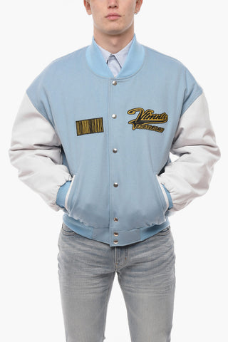 VTMNTS Leather Sleeve Wool Bomber Jacket with Embroidered Logo