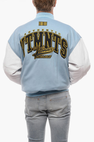VTMNTS Leather Sleeve Wool Bomber Jacket with Embroidered Logo