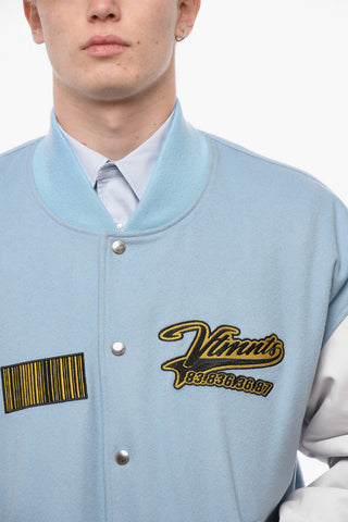 VTMNTS Leather Sleeve Wool Bomber Jacket with Embroidered Logo