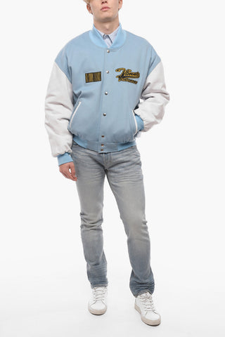 VTMNTS Leather Sleeve Wool Bomber Jacket with Embroidered Logo