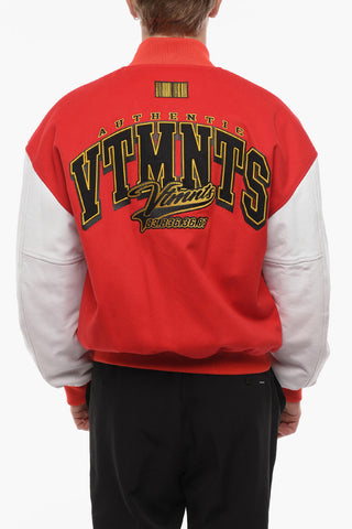 VTMNTS Leather Sleeve Wool Bomber Jacket with Embroidered Logo