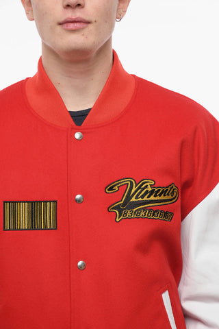 VTMNTS Leather Sleeve Wool Bomber Jacket with Embroidered Logo