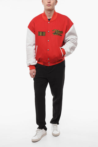 VTMNTS Leather Sleeve Wool Bomber Jacket with Embroidered Logo