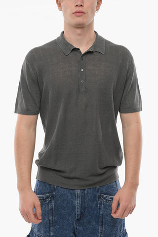 GARMENT WASHED Herringbone Motif Linen Polo with 4 Buttons