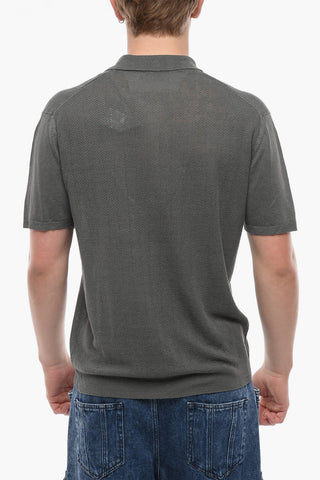 GARMENT WASHED Herringbone Motif Linen Polo with 4 Buttons