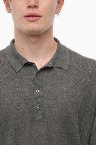 GARMENT WASHED Herringbone Motif Linen Polo with 4 Buttons
