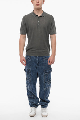 GARMENT WASHED Herringbone Motif Linen Polo with 4 Buttons