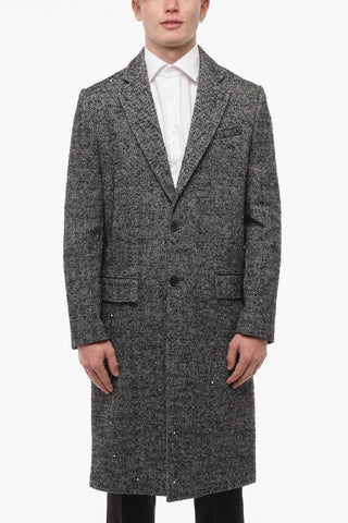 Herringbone Single-Breasted Coat with Studs