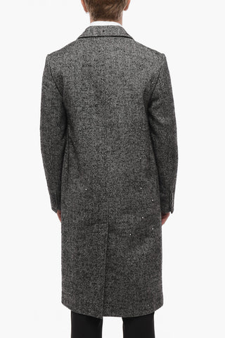 Herringbone Single-Breasted Coat with Studs