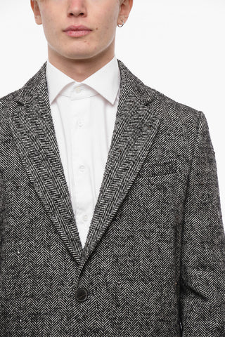 Herringbone Single-Breasted Coat with Studs