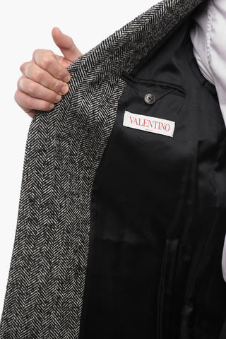 Herringbone Single-Breasted Coat with Studs
