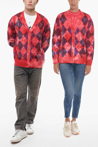Cardigan UNISEX K-ADDICE IN Motivo Argyle con Effetto Acid Wash
