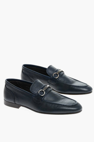 Metal Clamp Textured Leather Loafers