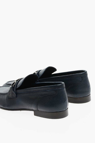 Metal Clamp Textured Leather Loafers