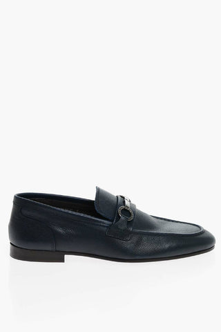 Metal Clamp Textured Leather Loafers