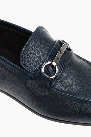 Metal Clamp Textured Leather Loafers