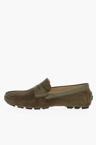 Woven Suede Penny Loafers with Rubber Sole