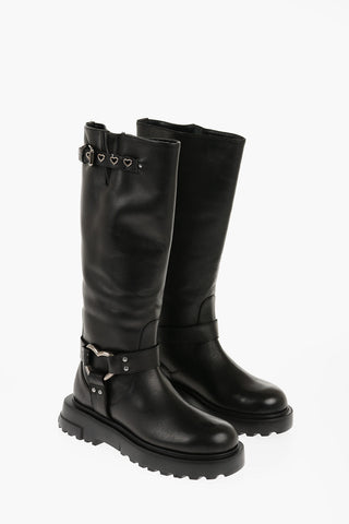 LOVE Leather Boots with Silver Heart Shape Details