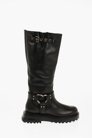 LOVE Leather Boots with Silver Heart Shape Details