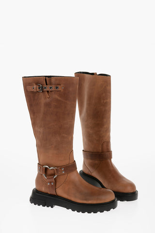 LOVE Leather Boots with Silver Heart Shape Details
