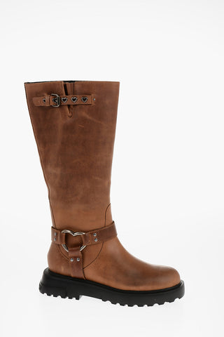 LOVE Leather Boots with Silver Heart Shape Details