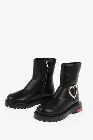 LOVE Leather Boots with Zip Closure and Silver-Tone Heart
