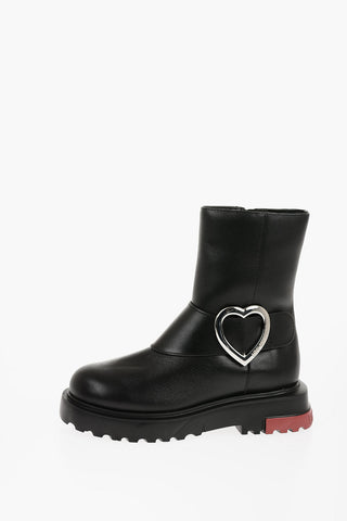 LOVE Leather Boots with Zip Closure and Silver-Tone Heart