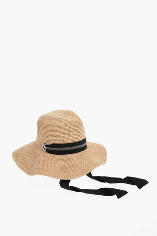 Raffia Hat with Ribbon Embellished with Rhinestones