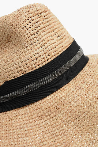 Raffia Hat with Ribbon Embellished with Rhinestones