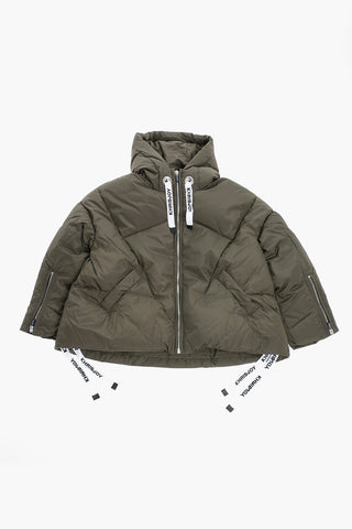 Solid Color Down Jacket with Hood and Logoed Details