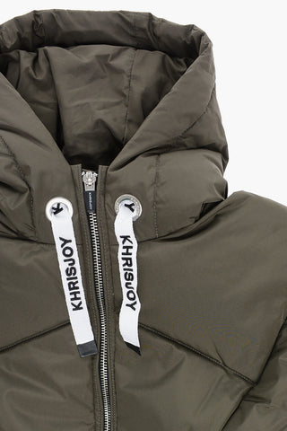 Solid Color Down Jacket with Hood and Logoed Details