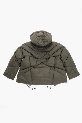 Solid Color Down Jacket with Hood and Logoed Details
