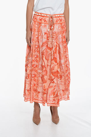 Floral Motif Linen Flared LYRE YOKE Skirt with Belt Decorated by Shells 
