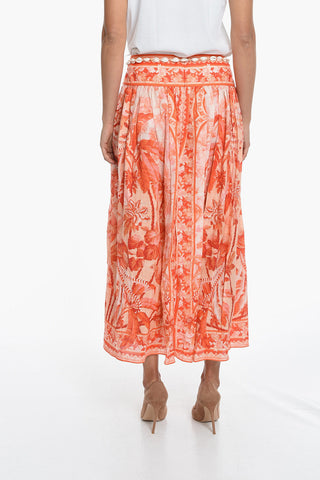 Floral Motif Linen Flared LYRE YOKE Skirt with Belt Decorated by Shells 