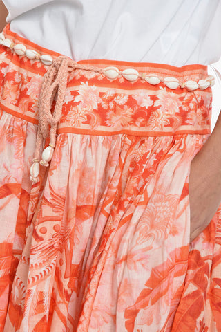 Floral Motif Linen Flared LYRE YOKE Skirt with Belt Decorated by Shells 
