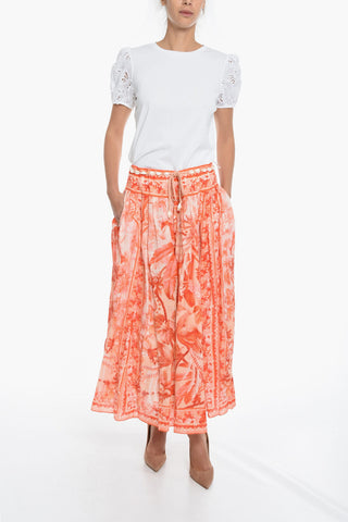 Floral Motif Linen Flared LYRE YOKE Skirt with Belt Decorated by Shells 